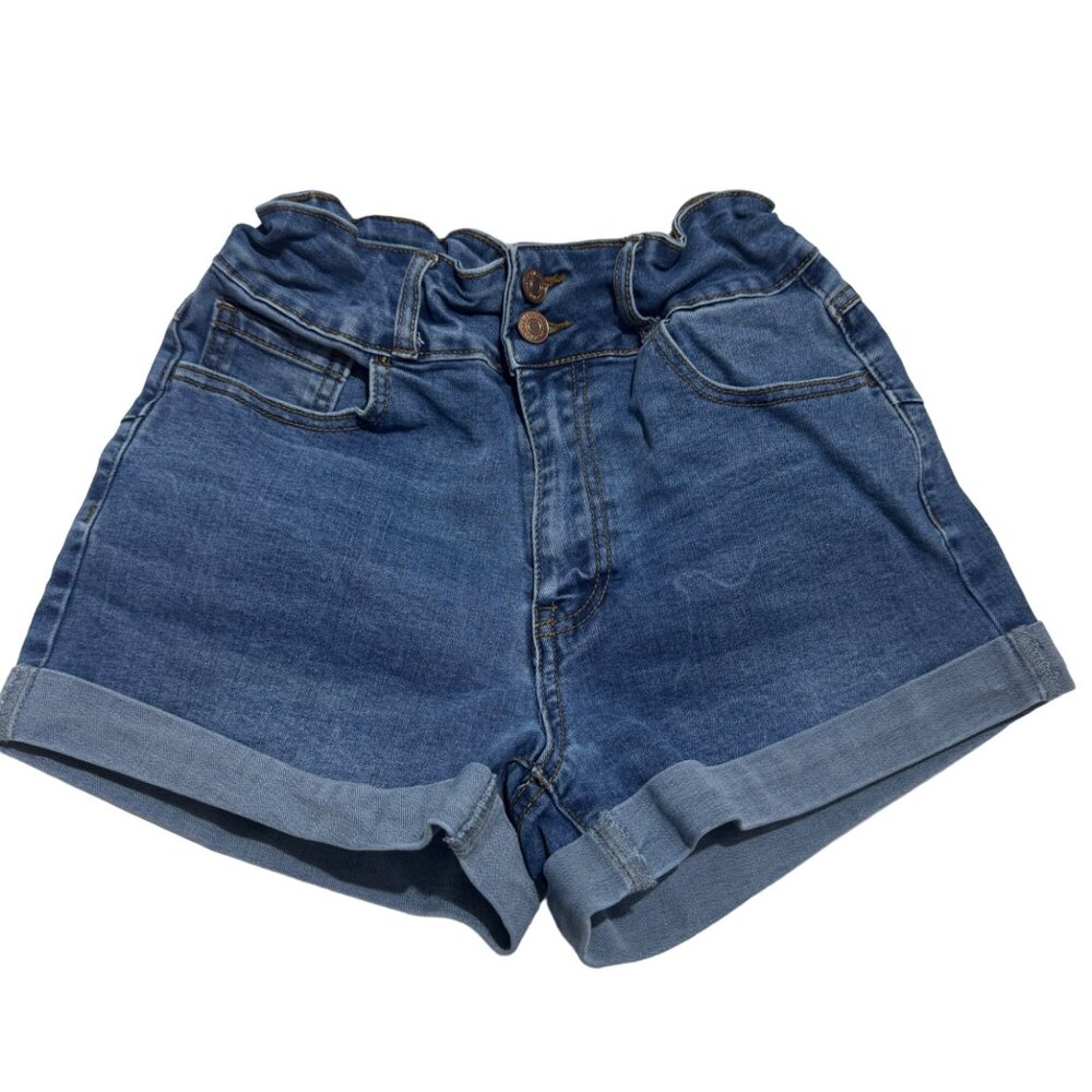 High-Waisted Denim Shorts With Adjustable Waistband & Rolled Hem - Size S